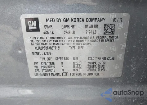 2019 Chevrolet Trax 1Lt from USA, damaged, VIN KL7CJPSB6KB877131